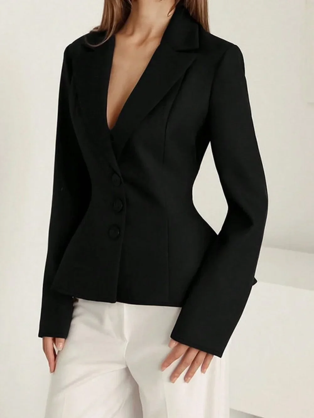 Black Elegant Women's Regular Fit Long Sleeve Plain Pocketed Shacket